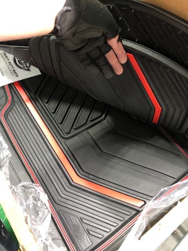 Photo 3 of Dickies 3-Piece Floor Mats, Heavy-Duty Rubber Liners, All-Weather Auto Protection, Anti-Slip Design, All-Season Trim-to-Fit Custom, Automotive Mats for Vehicles, Cars, Trucks, SUVs (Black/Red) 3-Piece Black-Red Rubber Floor Mats