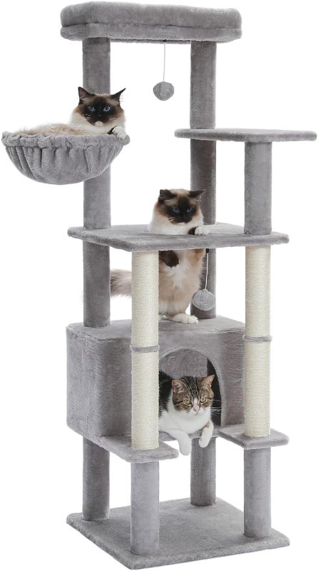 Photo 1 of **ITEM SIMILAR TO STOCK PHOTO**Sthdofrpaits Cat Tree for Indoor Cats?58" Tall Multi-Level Cat Climbing Tower Plush Cat Condo with Padded Plush Perch, Sisal Scratching Post and Cozy Hammock, Hanging Toys for Kitten Play (Grey)