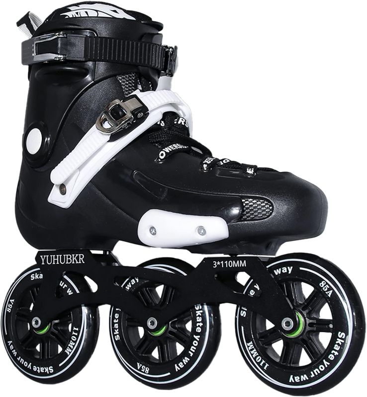 Photo 1 of 3 Wheel Inline Skates for Adult Women Men, 110mm Roller Skates Blades, Outdoor Fitness Inline Speed Skates for Unisex Black
