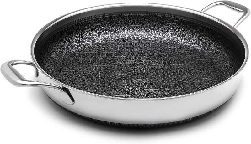 Photo 1 of **USED/MINOR DAMAGE**LIVWELL DiamondClad™ 14-inch Hybrid Nonstick Stainless Steel Frying Pan, Dishwasher Safe, PFOA-free – Silver/Black