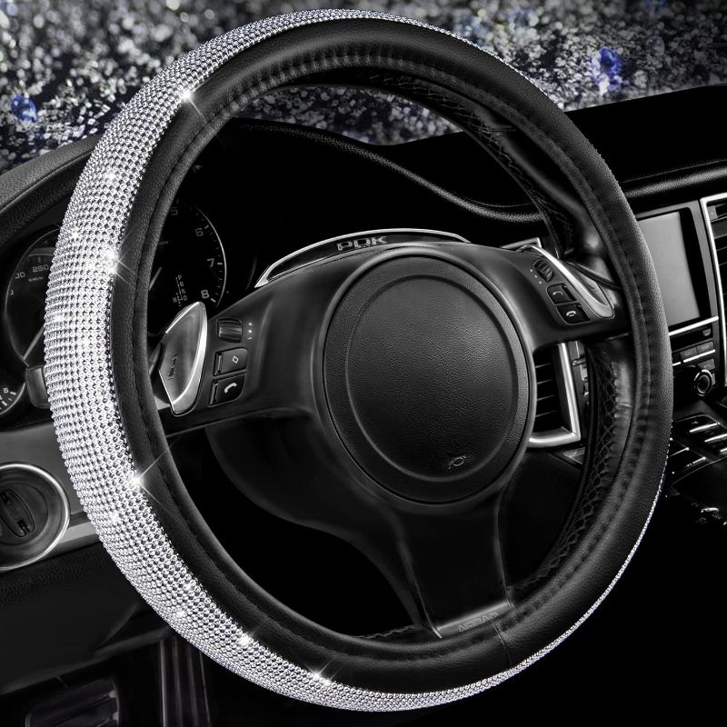 Photo 1 of CAR PASS Bling Diamond Leather Steering Wheel Cover, with Sparkly Crystal Glitter Rhinestones Universal Fit 14" 1/2-15" Car Wheel Protector for Women Girl Fit Suvs,Vans,Sedans,Car,Trucks, Silver
