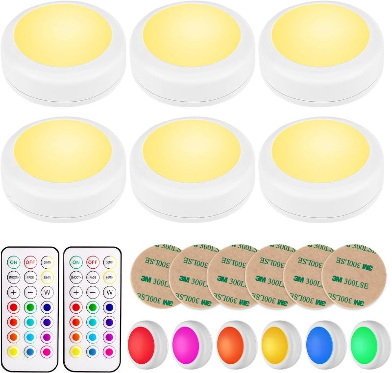 Photo 1 of BLS LED Puck Lights with Remote Control, Wireless Under Cabinet Lighting, Battery Powered Lights, Stick on Lights, Color Changing Lights with Dimmer and Timer, AA Battery Operated Closet Light, 6 Pack
