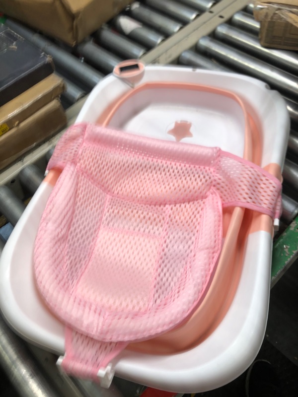 Photo 1 of Collapsible Baby Bathtub with Thermometer, Newborn Baby Shower Tub + Baby Tub Cushion + Bath Net, Portable Baby Folding Bathtub for 0-36 Month Newborn (Pink)
