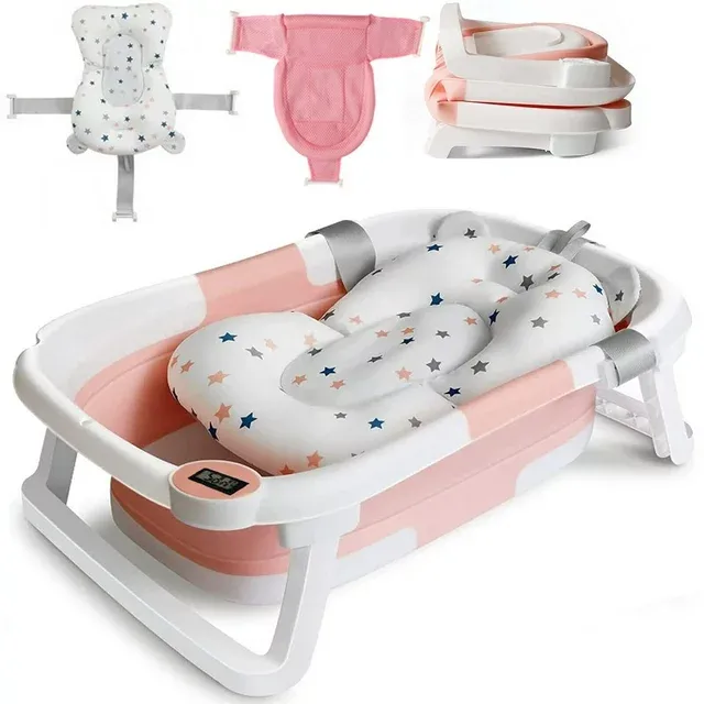 Photo 1 of Collapsible Baby Bathtub with Thermometer, Newborn Baby Shower Tub + Baby Tub Cushion + Bath Net, Portable Baby Folding Bathtub for 0-36 Month Newborn (Pink)
