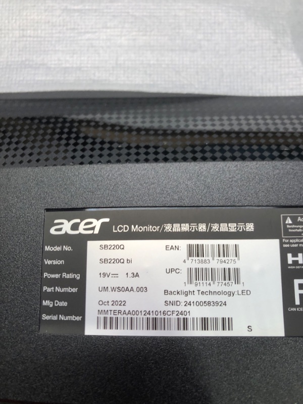 Photo 1 of Acer 21.5 Inch Full HD (1920 x 1080) IPS Ultra-Thin Zero Frame Computer Monitor (HDMI & VGA Port), SB220Q bi