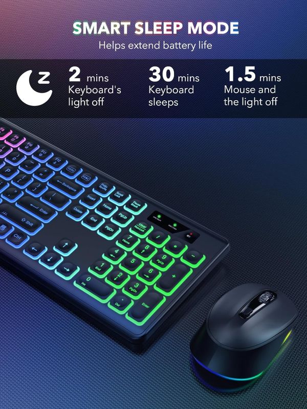 Photo 1 of Wireless Keyboard and Mouse Backlit, Quiet Light Up Keys, Tilt Legs, Sleep Mode - Rechargeable USB Cordless Combo for Computer, iMac, PC, Laptop