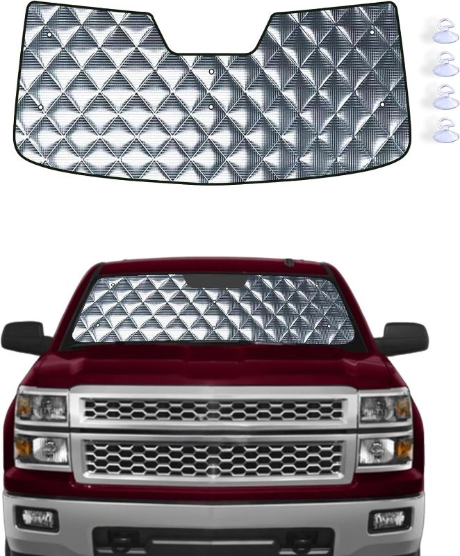 Photo 1 of 4 Layers Windshield Sun Shade Compatible with 2014-2018 Chevrolet Silverado/GMC Sierra 1500 Lane Departure Warning. Foldable 4MM Thick Reflective Aluminum Car Front Window Sunshade
