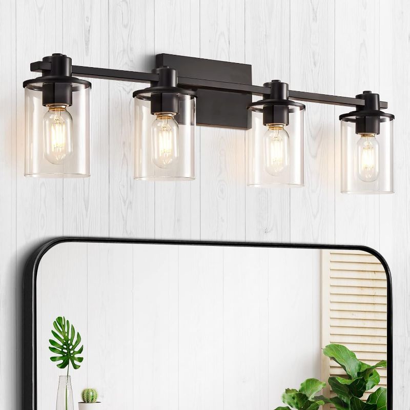 Photo 1 of 4-Light Modern Vanity Lights,Industrial Matte Black Bathroom Light Fixtures with Clear Glass, Vanity Lights Fixture for Bathroom, Living Room, Mirror, Bedroom,Hallway
