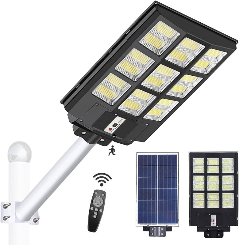 Photo 1 of 800W Solar Street Lights Outdoor, Motion Sensor Led Solar Outdoor Lights with Remote Control & Arm Pole, 6500K 80000LM IP66 Waterproof Dusk to Dawn Solar LED Lights Lamp for Garden Yard
