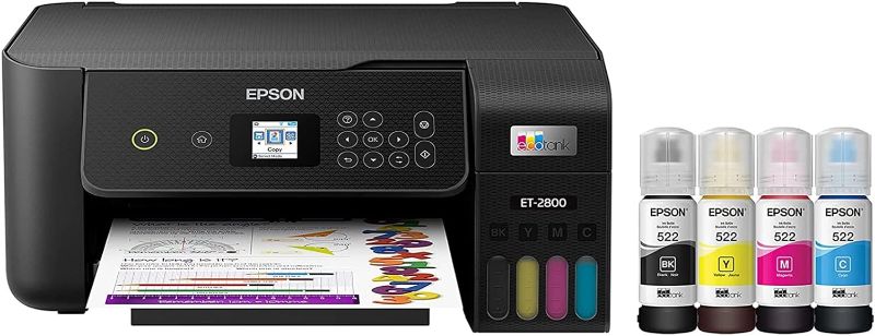 Photo 1 of Epson EcoTank ET-2800 Wireless Color All-in-One Inkjet Printer, Print & Copy & Scan, 1200x2400 dpi, 1.44" Color LCD Display, Cartridge-Free, Photo Printing, Bundle with Printer Cable
