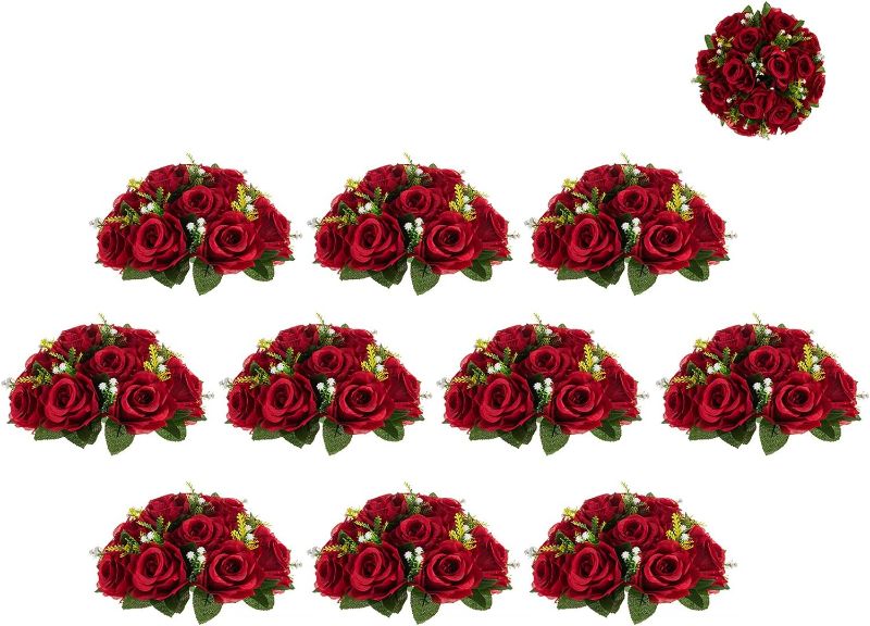 Photo 1 of BLOSMON Flower Balls Wedding Rose Centerpieces: 10 Pcs Crimson Fake Flowers Kissing Balls Decor Artificial Floral Arrangements Flower Bouquet of Roses Home Party Table DIY Decorations

