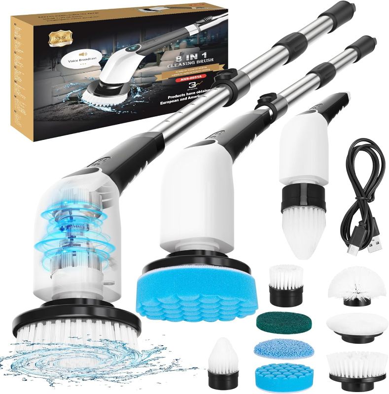 Photo 1 of Electric Spin Scrubber,Bathroom Cleaning Brush,Shower Scrubber with Long Handle 8 Replaceable Brush Heads Voice Broadcast 3 Rotating Speeds,Tub Scrubber,Cordless Power Cleaning Brushes Floor Tile
