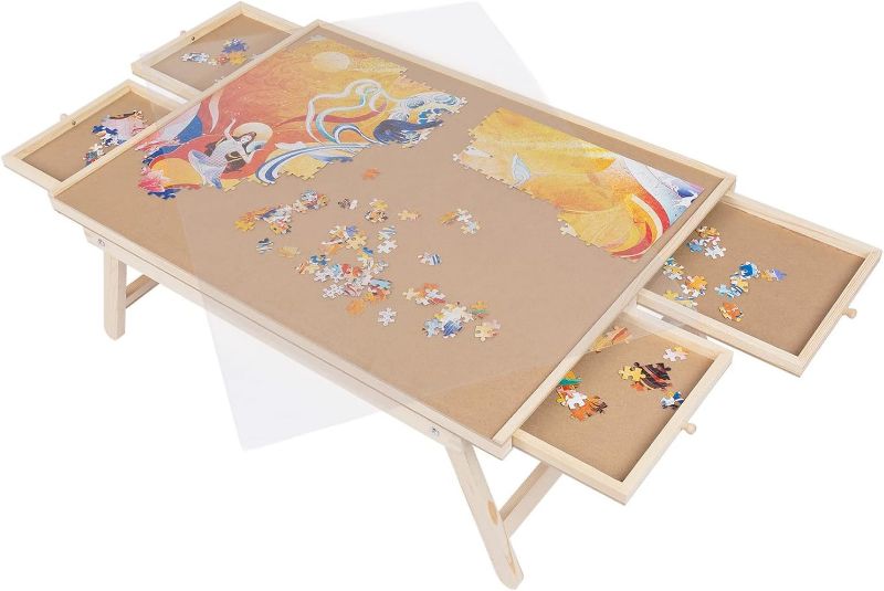 Photo 1 of ***SIDE OF BOARD SPLINTERING//SOLD AS PARTS*** 1000 Pcs Wooden Folding Puzzle Table with Legs, 22" x 30" Jigsaw Wooden Puzzle Board with 4 Sliding Drawers and Puzzle Cover Jigsaw Puzzle Table for Adults Birthday Gift for Family
