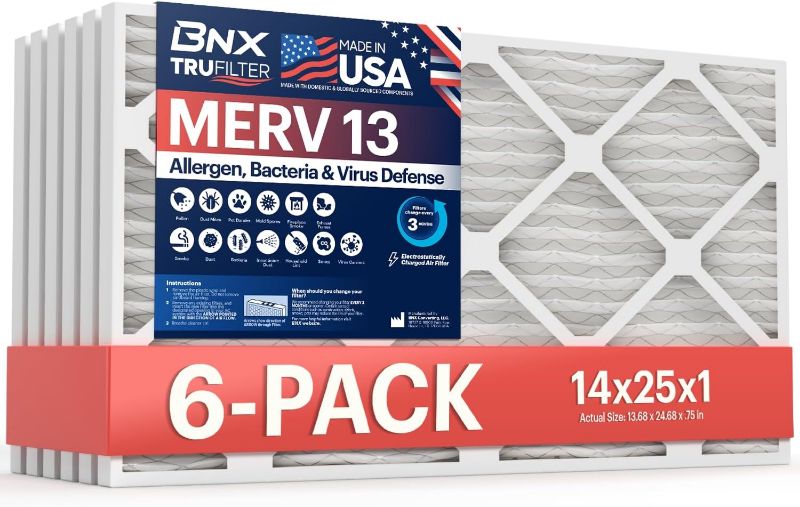 Photo 1 of 14x25x1 Air Filter MERV 13 (6-Pack) - MADE IN USA - Electrostatic Pleated Air Conditioner HVAC AC Furnace Filters for Allergies, Pollen, Mold, Bacteria, Smoke, Allergen, MPR 1900 FPR 10