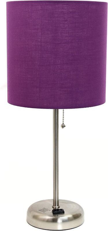 Photo 1 of **FOR PARTS**Simple Designs LT2024-PRP Brushed Steel Stick Table Desk Lamp with Charging Outlet and Drum Fabric Shade, Purple Shade

