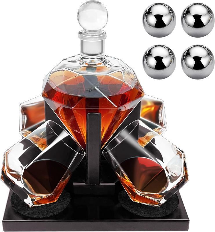 Photo 1 of Whiskey Decanter Set Diamond Shape with 4 Glasses 4 Whiskey Stones, Gift for Men, Gift for Whiskey Lovers