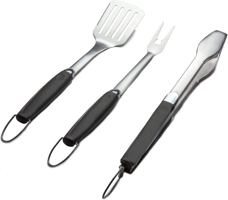 Photo 1 of 3 Piece Stainless Steel BBQ Grill Tool Set w/Tongs, Spatula & Fork - Accessories for Outdoor Barbecue Grills (3 Piece Set)
