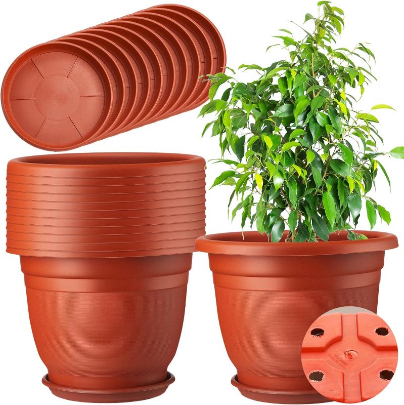 Photo 1 of 12 Pack 12 Inch Plastic Plant Pots Round Planter Pots with Saucer Tray Seedling Pots with Holes Seed Resin Plant Pot Starting Nursery Flower Container with Pallet for Garden Outdoor Indoor
