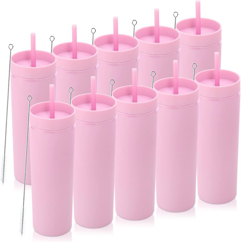 Photo 1 of 20oz Plastic Skinny Tumblers Bulk 10 Pack,Double Wall Tumbler with Lid and Straw,BPA Free Matte Acrylic Iced Coffee Cups With Straw,Reusable Travel Cute Mug for Party,DIY Gift(Pink, 10 Set)
