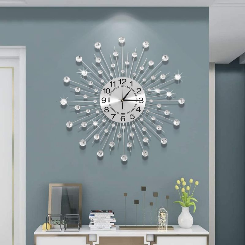 Photo 1 of 24 Inch Crystal Large Modern Metal Starburst Decor, Bling Crystal Wall Clock for Kitchen Office Bedroom Living Room Decorative
