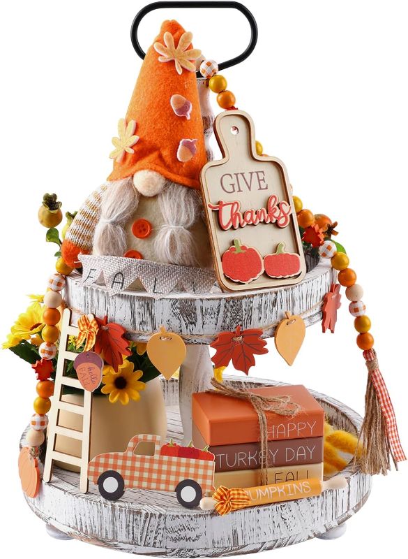Photo 1 of 13 Pieces Fall Tiered Tray Decor Set Thanksgiving Pumpkin Tray Decor Faux Decorative Books Gnome Maple Leaves Truck Wooden Signs Rustic Farmhouse Fall Tabletop Decor for Autumn Thanksgiving