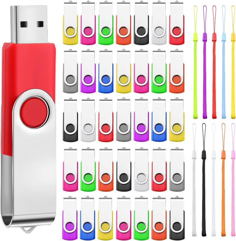 Photo 1 of 50 Pack USB Flash Drives Bulk with Lanyards USB 2.0 Thumb Drive Swivel Storage Flash Drive Pack Bulk with LED Light for Data Storage Backup, 10 Colors (128 MB)