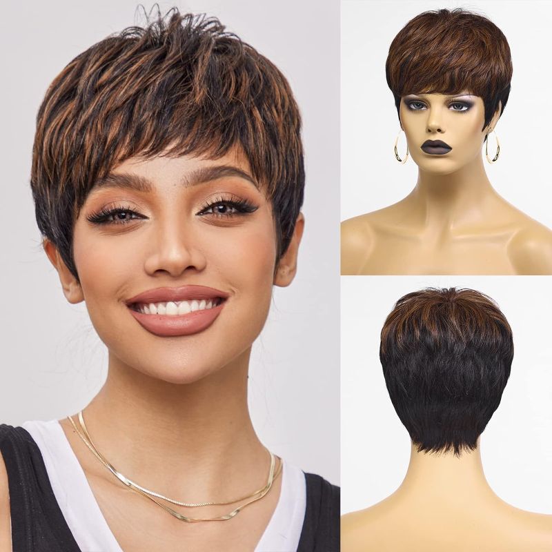 Photo 1 of HAIRCUBE Pixie Cut Wigs Black mix Brown for Black Women Pixie Cut Human Hair Wigs Short Remy Hair Black with Brown Color Short Black Layered Wavy Wigs (pixie cut wig, black with brown)