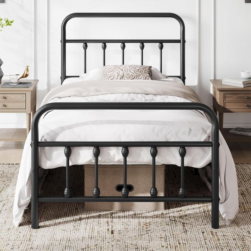 Photo 1 of Yaheetech Classic Metal Platform Bed Frame Mattress Foundation with Victorian Style Iron-Art Headboard/Footboard/Under Bed Storage/No Box Spring Needed/Twin XL Size Black
