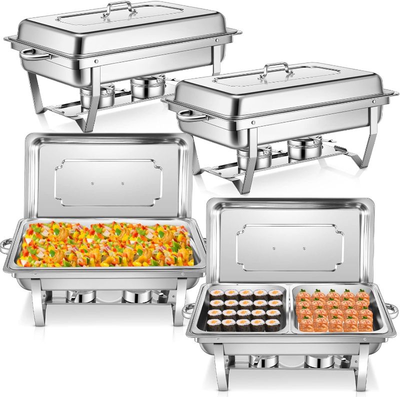 Photo 1 of 4 Pcs Chafing Dish Buffet Set 9.5 Qt Stainless Steel Chafers and Buffet Warmer Set Catering Food Warmers with 2 Full Size 2 Half Size Food Pan Water Pan Fuel Holder and Lid for Parties Buffets Banquet