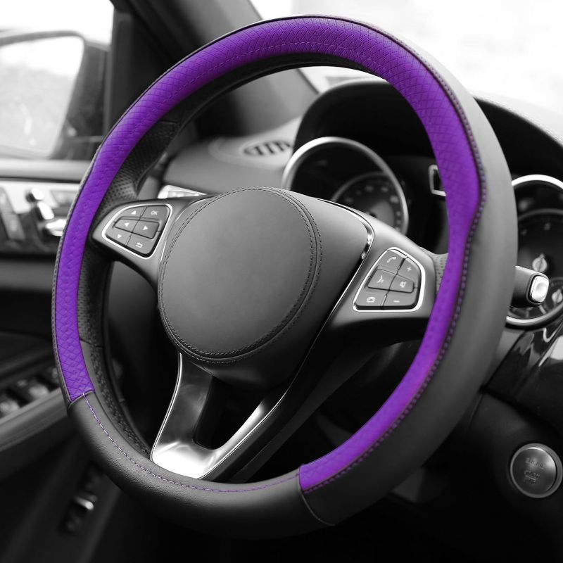 Photo 1 of FH Group Geometric Chic Microfiber Leather Steering Wheel Cover – Universal Fit for Cars Trucks & SUVs Purple
