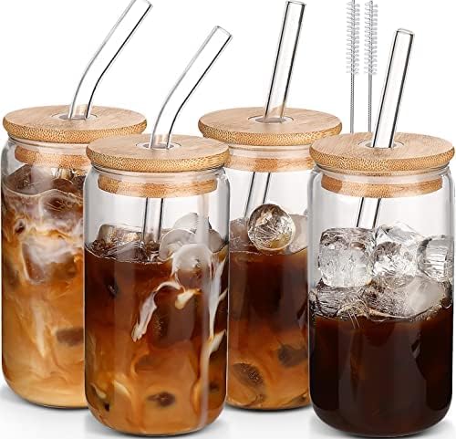 Photo 1 of Glass Cups with Lids and Straws 4pcs-DWTS Coffee cups,Drinking glasses set,Glass tumbler with straw and lid gift 2 Cleaning Brushes

