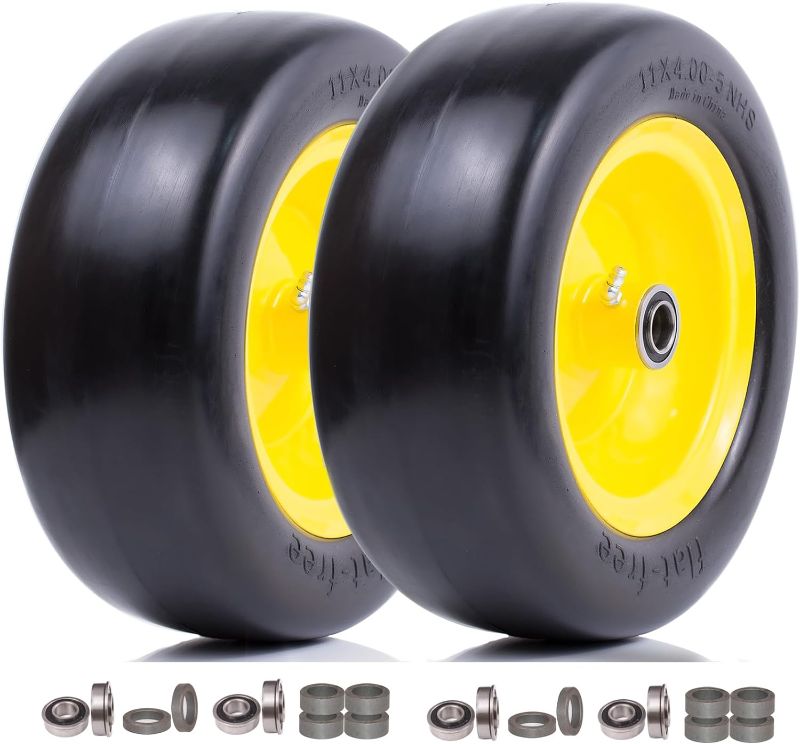 Photo 1 of 11x4.00-5 Flat Free Smooth Lawn mower Tire Assembly,with 3/4" or 5/8" & 1/2" Precision bearings, 3.4"-5.6" Centered Hub, Replacement for Front Zero-Turn Riding Lawn Mowers & Garden Tractor (2 Pack)
