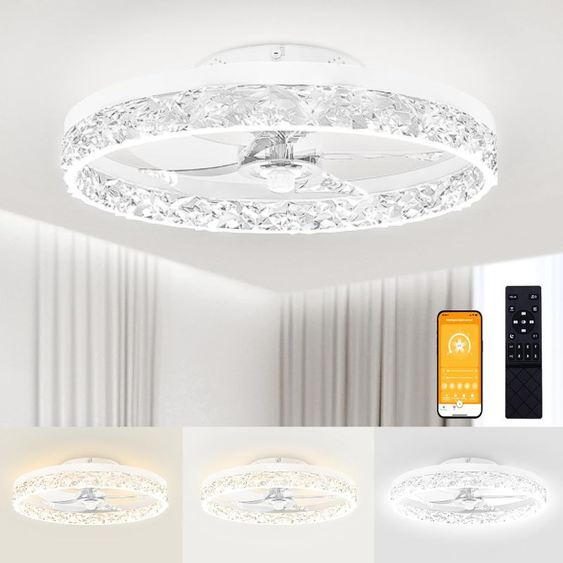 Photo 1 of VOLISUN Modern Ceiling Fans with Lights and Remote, 19.7in Low Profile Ceiling Fan Flush Mount, 3000K-6500K Dimmable Bladeless LED Fan Light, White Fandelier Ceiling Fans with Lights for Bedroom
