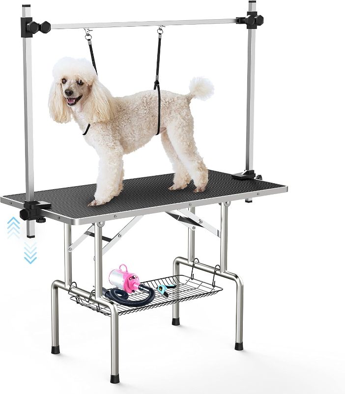 Photo 1 of 46''Large Dog Grooming Table, Adjustable Cat Drying Desktop with Arms, Nooses, Mesh Tray, Foldable Pet Station at Home, Maximum Capacity Up to 330Lb, 36inch, Black
