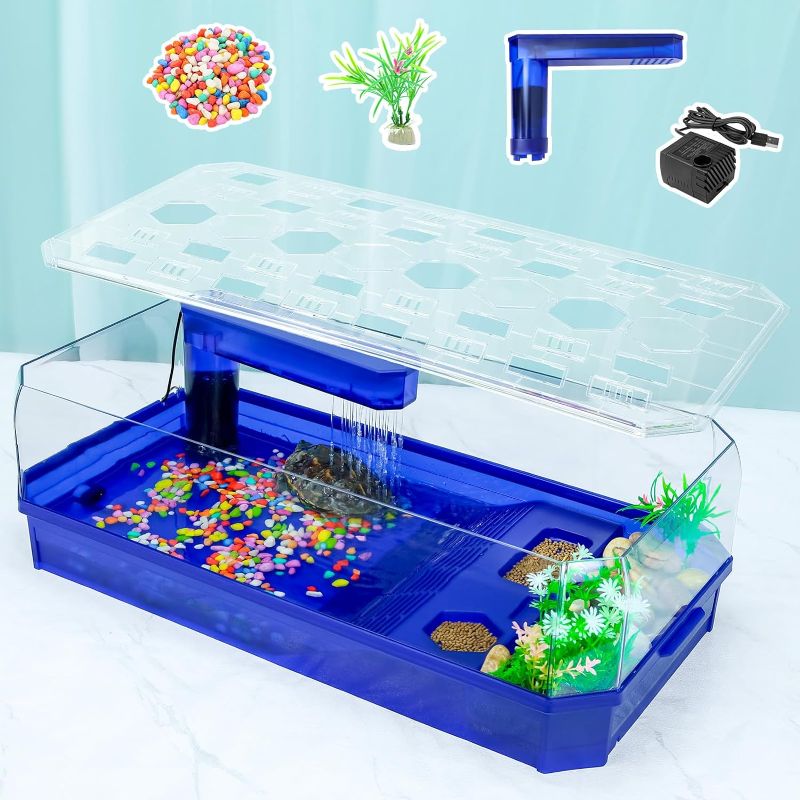 Photo 1 of 
Wedoelsim Turtle cage Tortoise Terrarium with Pump?Filter with Shower Function Easy to Change Water and Clean Water for Turtle Horned Frog Hermit Crab (Blue...