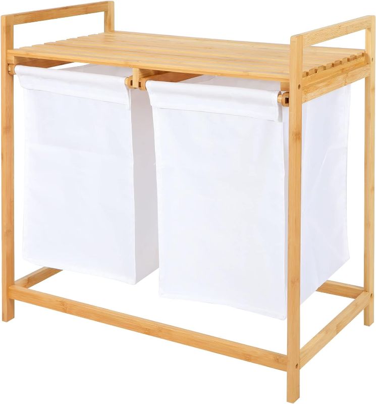 Photo 1 of Bamboo Laundry Hamper with Shelf, 2 Section Wooden Laundry Basket with Sliding Removable Bags, Freestanding Laundry Sorter for Bathroom Bedroom Living Room Laundry Room, White Pull-Out Bags
