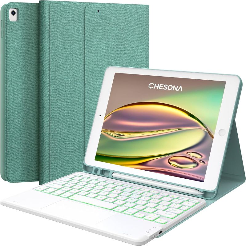 Photo 1 of CHESONA iPad Keyboard 9th Generation, 7 Color Backlit, Multi-Touch Trackpad, Built-in Pencil Holder, 2 Bluetooth Channels, Flip Stand Keyboard Case for iPad 9th/8th/7th Gen 10.2” Green
