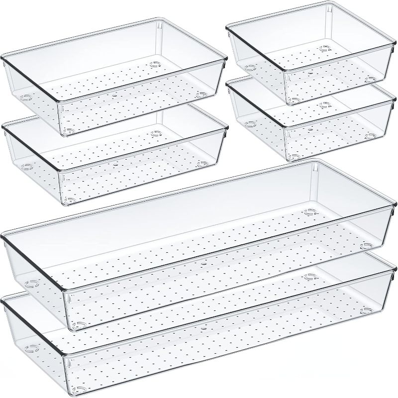 Photo 1 of 6 Pack Clear Plastic Drawer Organizer Set, Acrylic Non Slip Non Cracking Kitchen Drawer Storage Tray Large Size Divider, Multifunctional Storage for Cosmetics, Bathroom, Tools, Kitchen and Office
