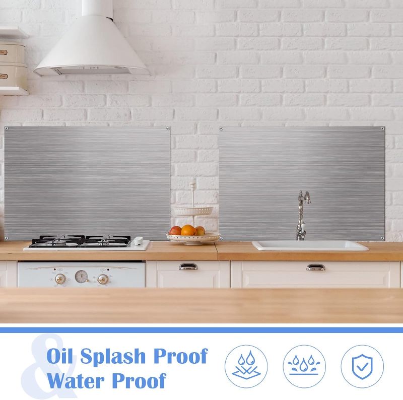 Photo 1 of 
Roll over image to zoom in







2 Pieces Stainless Steel Backsplash Panel Double Sided Metal Sheet Backsplash Behind Stove 24 x 30 Inch Range Hood Wall Shield with 4 Pre Drilled Holes and 8 Mounting Screws for Kitchen