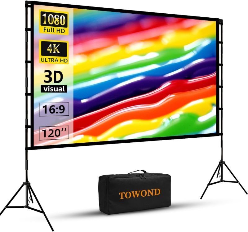 Photo 1 of 
Projector Screen and Stand, Towond 120 inch Portable Projector Screen Indoor Outdoor Projector Screen 16:9 4K HD Wrinkle-Free Lightweight Movie Screen with Carry Bag for Backyard Movie Night