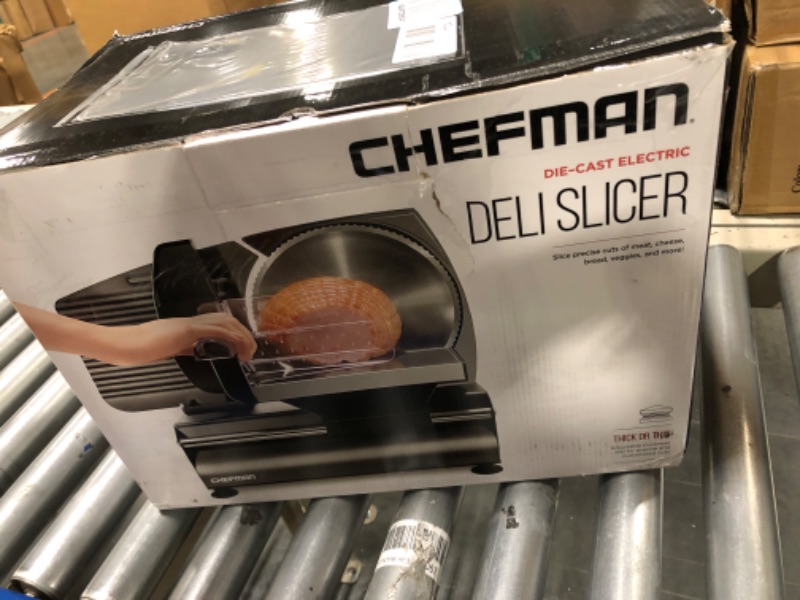 Photo 1 of ***FOR PARTS ONLY***
Chefman Die-Cast Electric Meat & Deli Slicer, A Powerful Machine with Adjustable Slice Thickness, Stainless Steel Blades & Safe Non-Slip Feet To Easily Cut Ham, Cheese, Bread, Fruit & Veggies At Home