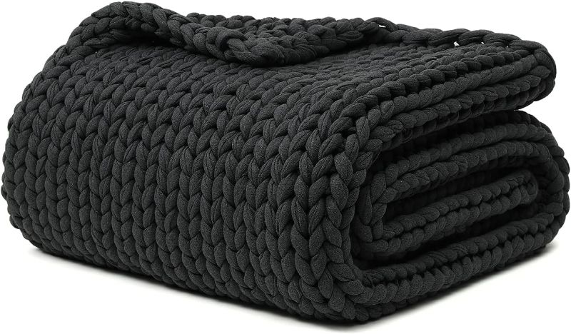 Photo 1 of 100% Cotton Weighted Blanket, Handmade Chunky Knitted Throw, No fillers Design, Soft and Breathable, Machine Washable Bed Blanket for Sleep or Home Decor (Dark Grey, 43x50 Inch, 10lbs)