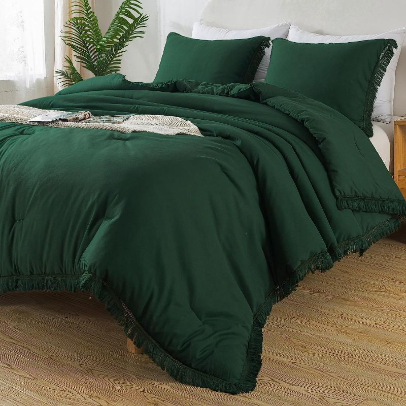 Photo 1 of Andency Dark Emerald Green Comforter Set King Size, 3 Pieces Boho Lightweight Tassel Forest Bedding Comforter Sets, All Season Soft Fluffy Fringe Bed Set (104x90In Comforter & 2 Pillowcases)