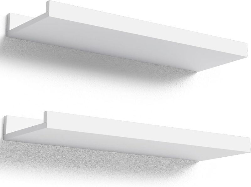 Photo 1 of 24 Inches Long Floating Shelves Wall Mounted, 2 Set Modern White Wall Shelf for Bedroom, Nursery Book Shelf with Lip, Picture Ledge Shelf for Wall Decor Living Room Bathroom Kitchen - White
