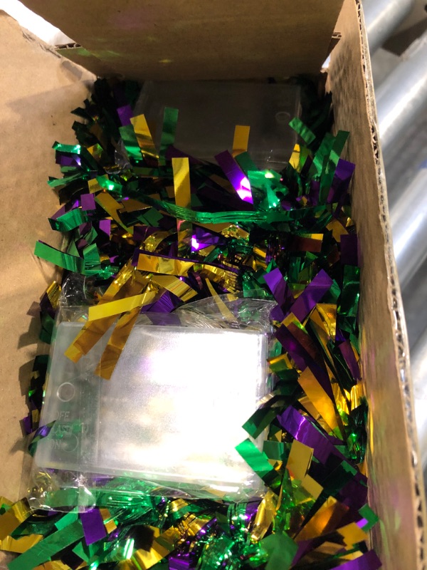 Photo 2 of [66Ft 200 Colored LED] 2 Pcs Mardi Gras Tinsel Garland with 2 LED Lights Purple Green Gold Metallic Festooning Garland Glittering Hanging Decor Indoor Outdoor Carnival Party Supplies,Each 33Ft by 3.5"