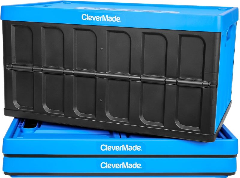 Photo 3 of CleverMade Collapsible Storage Bin (With Lid), Neptune Blue, 3PK - 46L (12 Gal) Folding Plastic Stackable Utility Crates, Holds 75lbs Per Bin - Solid Wall CleverCrates for Organizing, Storage, Moving