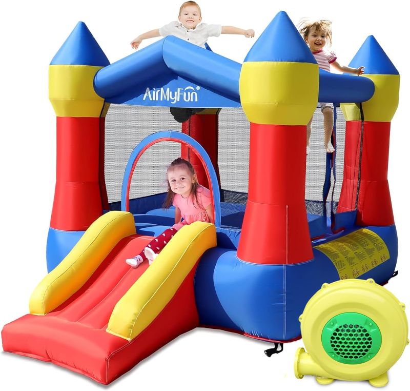 Photo 1 of AirMyFun Inflatable Bounce Jumper House with Air Blower, Jump Slide, Kids Castle Party Theme Bounce House with Durable Safe Sewn Indoor Outdoor, 82011A
