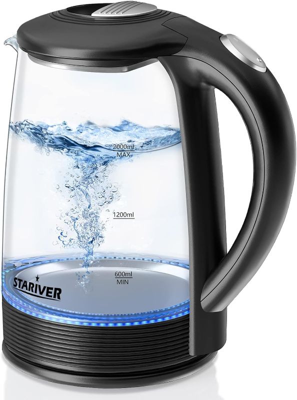 Photo 1 of **USED** Stariver Electric Kettle, 2L Electric Tea Kettle, BPA-Free Glass Kettle with LED, Hot Water Kettle with Fast Boil, Auto Shut-Off & Boil-Dry Protection, Stainless Steel Inner Lid & Bottom, Black
