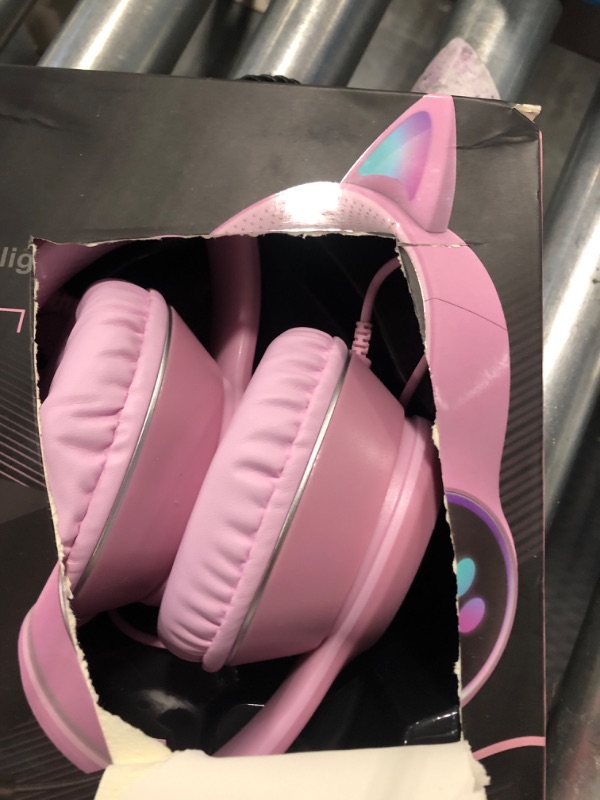 Photo 3 of HONUTIGE Gaming Headset Cat Ear Headphone with RGB LED Light Microphone Stereo Sound Glowing Over-Ear Gaming Headsets for Kids and Adult Pink