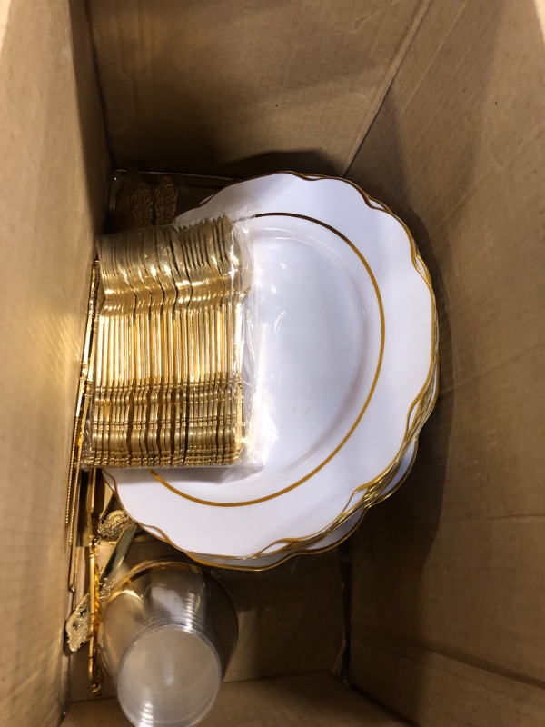 Photo 3 of **USED NOT COMPLETE** NOCCUR 175PCS Gold Plastic Plates with Disposable Silverware - Gold Plastic Tableware Include 25Dinner Plates, 25Dessert Plates, 25Forks, 25Knives, 25Spoons, 25Cups, 25Napkins-Ideal for Weddings
